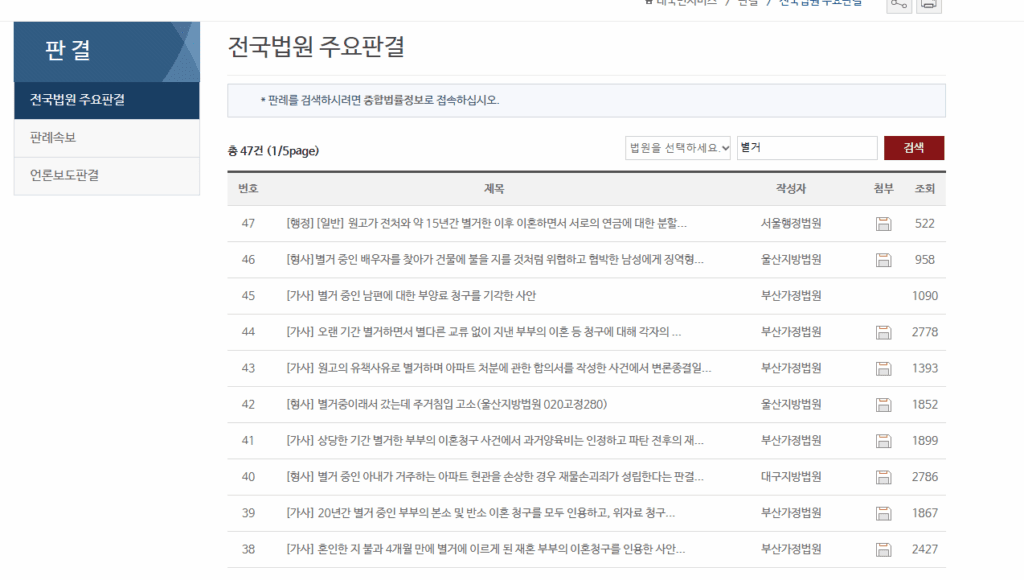 대법원 홈페이지 별거 이혼 사례 보는 중