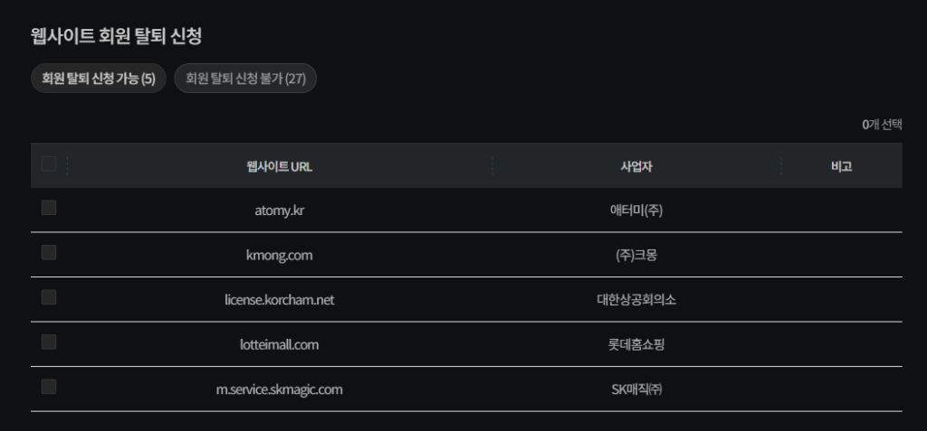 privacy.go.kr 개인정보보호포털에서 웹사이트 회원탈퇴 신청하는 중