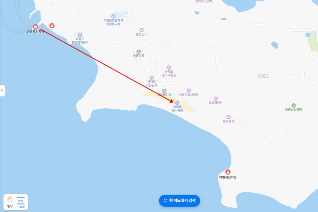 승봉도 트레킹 선착장에서 이일레 해수욕장  추천 코스 지도