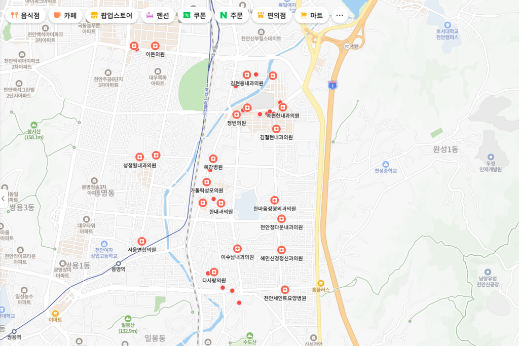 천안시 마운자로 처방 병원 네이버 지도로 찾는 중
