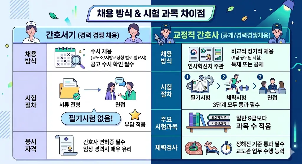 "간호서기 경력경쟁채용과 교정직 간호사 공개경쟁채용의 채용 방식, 시험 절차, 주요 시험 과목 및 체력검사 유무를 한눈에 비교한 인포그래픽 그림표"
