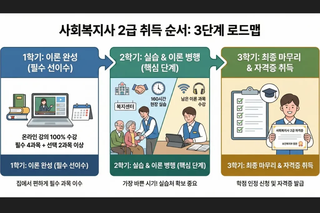 사회복지사 2급 취득 순서 1학기 이론, 2학기 실습, 3학기 마무리 단계별 설명