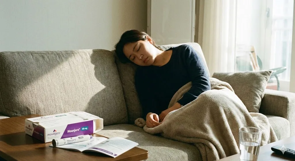 마운자로 투약 후 졸음이 밀려와서 쇼파에 앉아 꾸벅꾸벅 졸고 있는 30대 초반 한국 여성