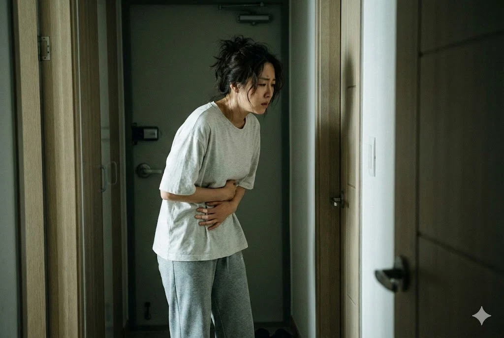 마운자로 주사 치료 후 물설사 때문에 화장실에서 고생하고 있는 30대 초반 여성