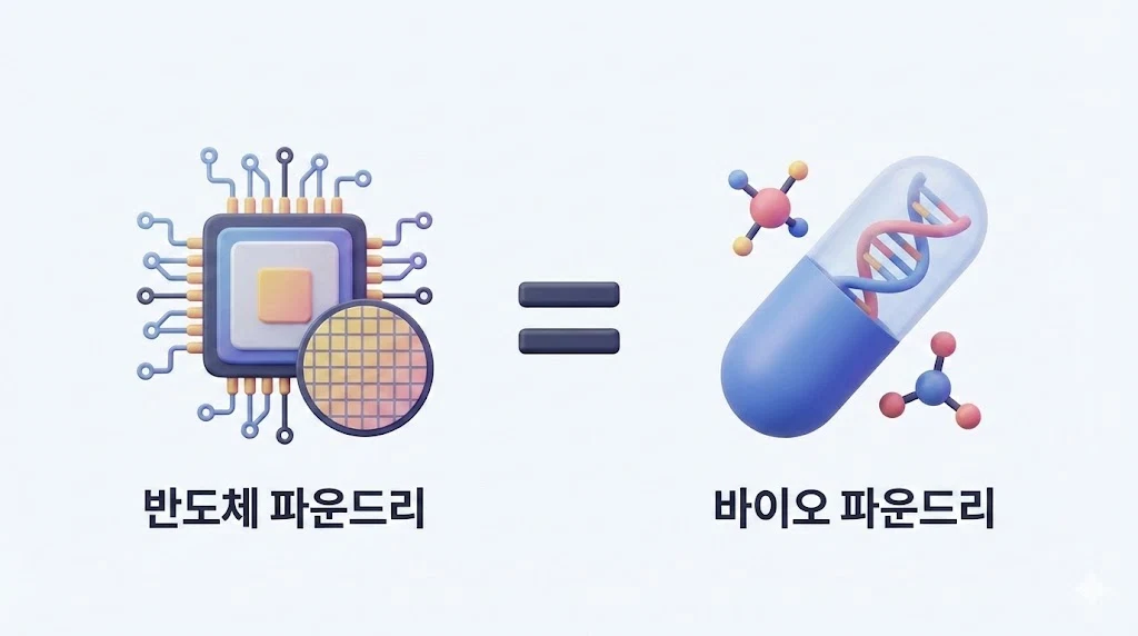 반도체 파운드리와 바이오 CDMO의 개념을 비교 설명하는 3D 아이콘 일러스트