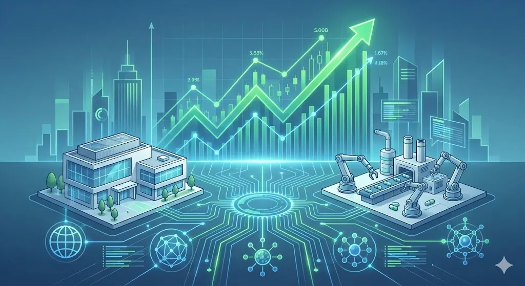 바이오 제약 산업의 성장을 보여주는 비즈니스 일러스트레이션. 배경에는 우상향하는 녹색 주식 차트가 있고, 앞쪽에는 연구소와 자동화된 알약 제조 공장이 디지털 네트워크로 연결되어 있다