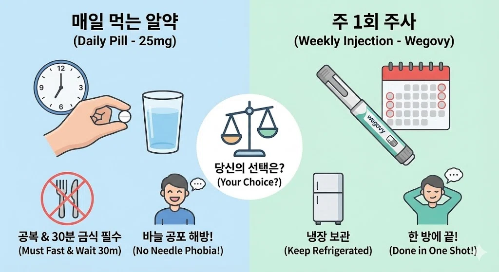 먹는 위고비(매일 알약)와 주사제 위고비(주 1회)의 복용 편의성 및 라이프스타일별 장단점 비교표