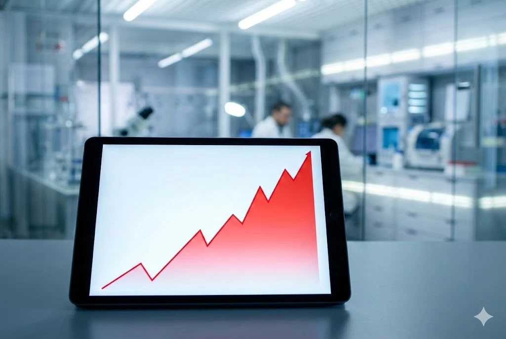 제약 바이오 연구소를 배경으로 한 우상향 주가 차트 이미지