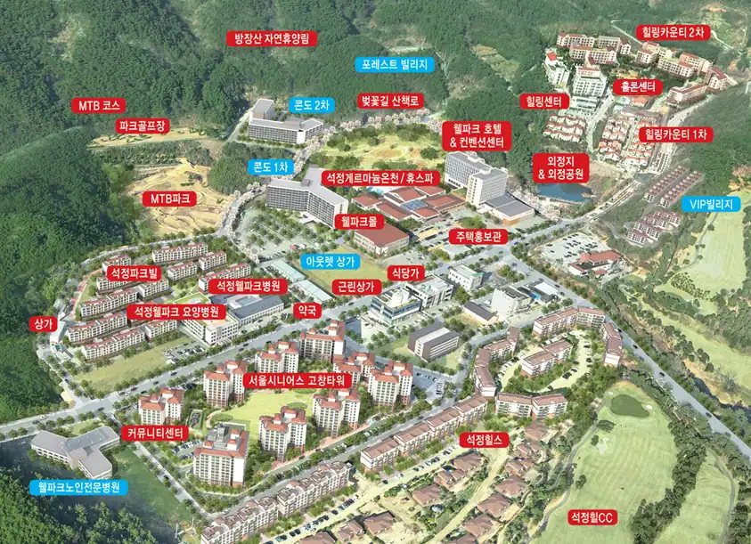 고창 웰파크시티 전체 조감도. 서울시니어스 고창타워, 석정웰파크병원, 석정휴스파, 힐링카운티 및 골프장(석정CC) 등 주요 시설의 위치를 보여주는 단지 배치도입니다.