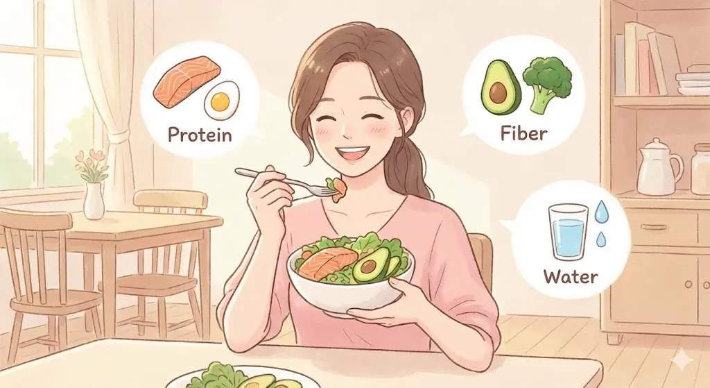 GLP-1 다이어트 효과를 높이는 단백질과 식이섬유 위주의 건강한 식사 일러스트