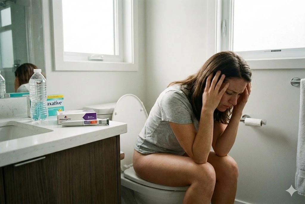 다이어트 주사 마운자로 용량 증량 후 나타난 급성 변비 증상과 복통으로 고민하는 사진