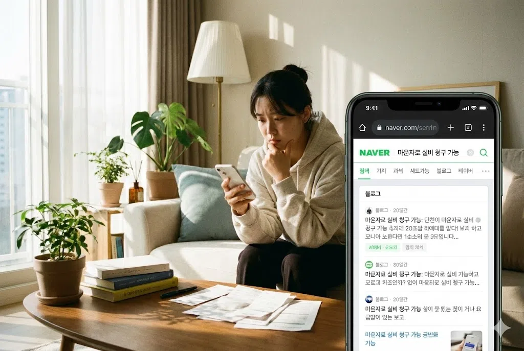 거실 소파에 앉아 스마트폰으로 '마운자로 실비 청구 가능' 검색 결과를 확인하며 비용 문제로 고민하는 20대 여성의 모습. 탁자 위에는 관련 서류나 고지서가 놓여 있다.