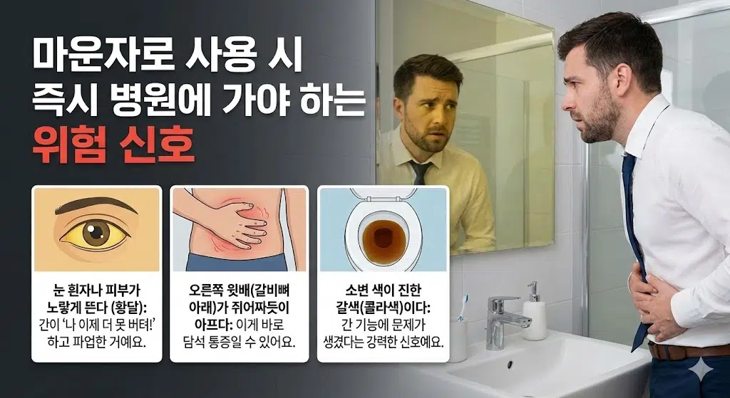 마운자로 사용 시 즉시 병원에 가야 하는 위험 신호인 황달, 심한 복통, 갈색 소변 증상을 걱정하는 30대 직장인