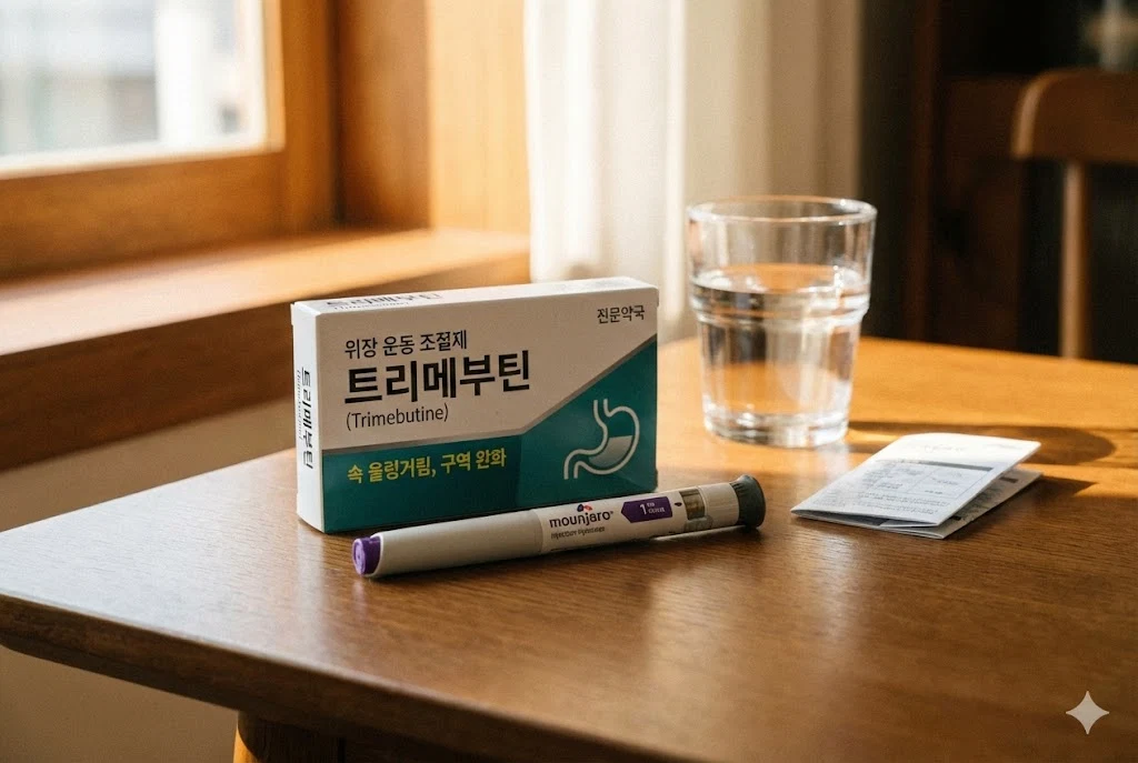 마운자로 주사를 맞은 후 속이 미식거리거나 울렁거리는 부작용이 있을 때 약국에서 구입해 복용할 수 있는 위장 운동 조절제 '트리메부틴' 상자와 마운자로 펜이 함께 놓여 있는 사진