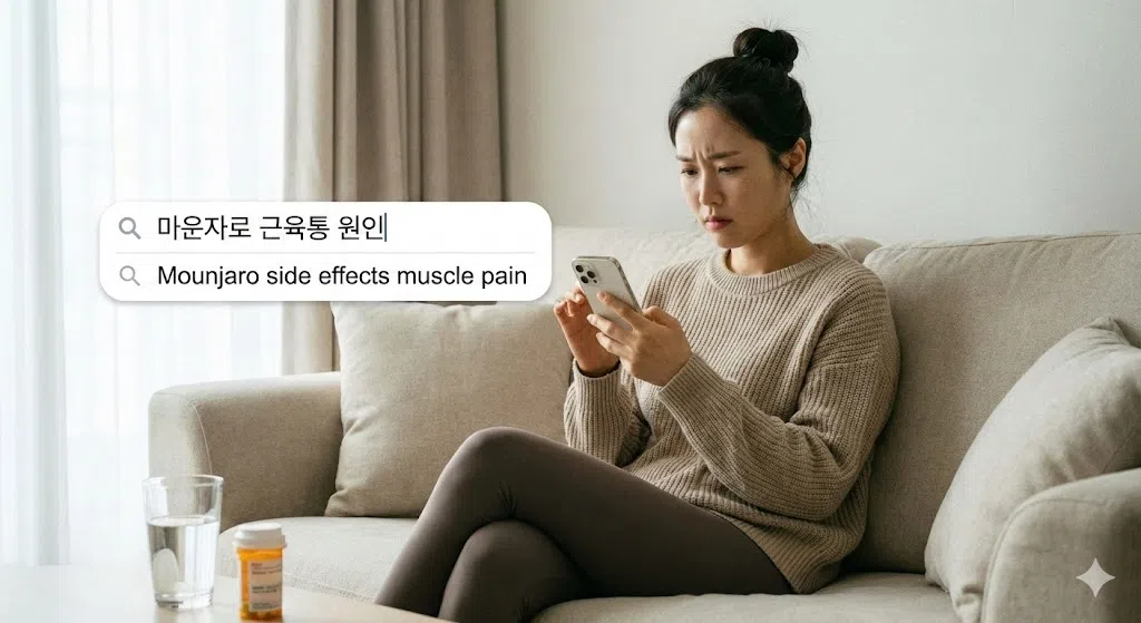 마운자로 부작용 중 하나인 전신 근육통과 몸살 기운을 확인하기 위해 정보를 찾고 있는 모습