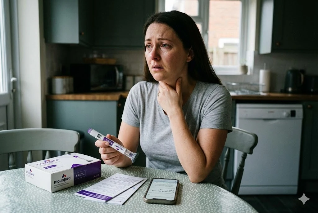 한 손에 마운자로 주사기를 든 30대 여성이 약물 부작용인 갑상선 암 발병을 우려하며, 불안하고 두려운 표정으로 고민하고 있는 모습