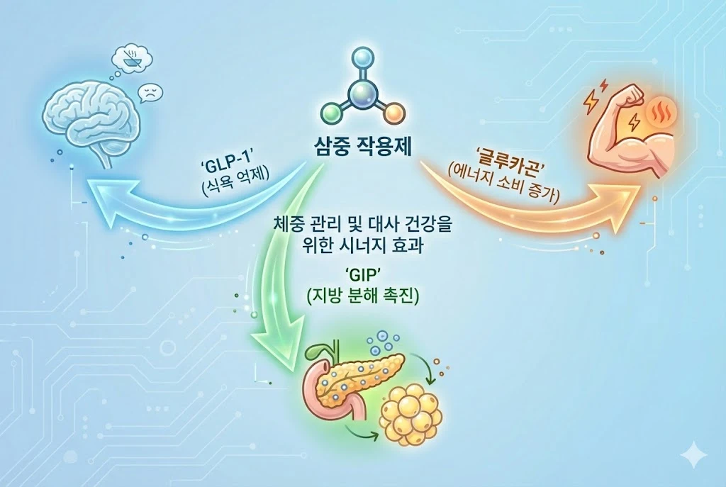 인체에 작용하는 비만 치료 3중 기전 인포그래픽. 식욕 조절을 담당하는 뇌(GLP-1), 지방 분해를 돕는 췌장 및 지방 조직(GIP), 에너지 소비를 촉진하는 근육(글루카곤)에 작용하는 3가지 원리를 설명하는 다이어그램