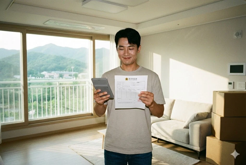 2026년 육군 군무원 합격 후 배정받은 신축 관사 거실에서 월급 명세서를 확인하며 만족해하는 30대 남성의 모습