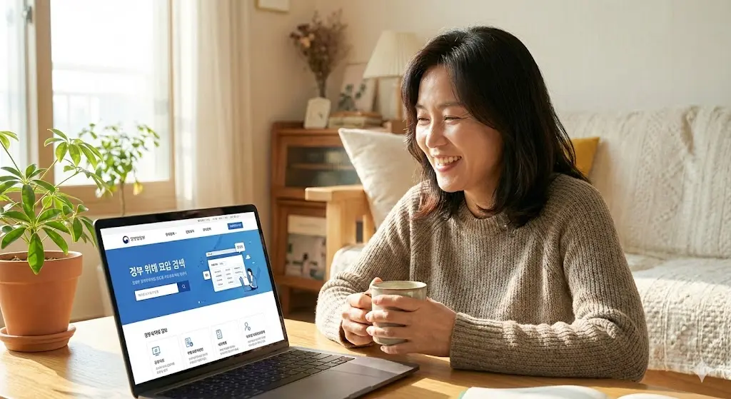 40대 여성이 거실에서 노트북으로 고용24 홈페이지를 보며 환하게 웃고 있는 모습