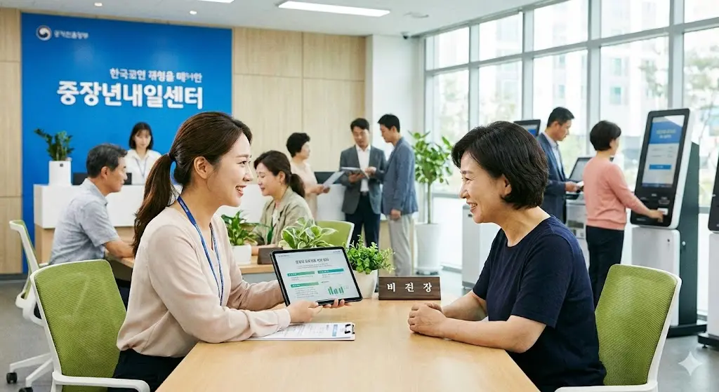 밝은 사무실에서 중장년 여성과 전문 상담사가 태블릿을 보며 웃으며 상담하는 모습