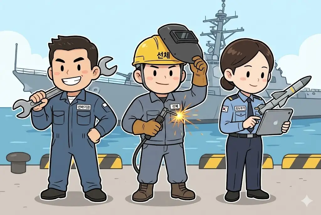 2026년 해군군무원 합격 전략 직렬인 선박기관, 선체, 유도무기 직렬을 대표하는 귀여운 캐릭터 3인방 일러스트