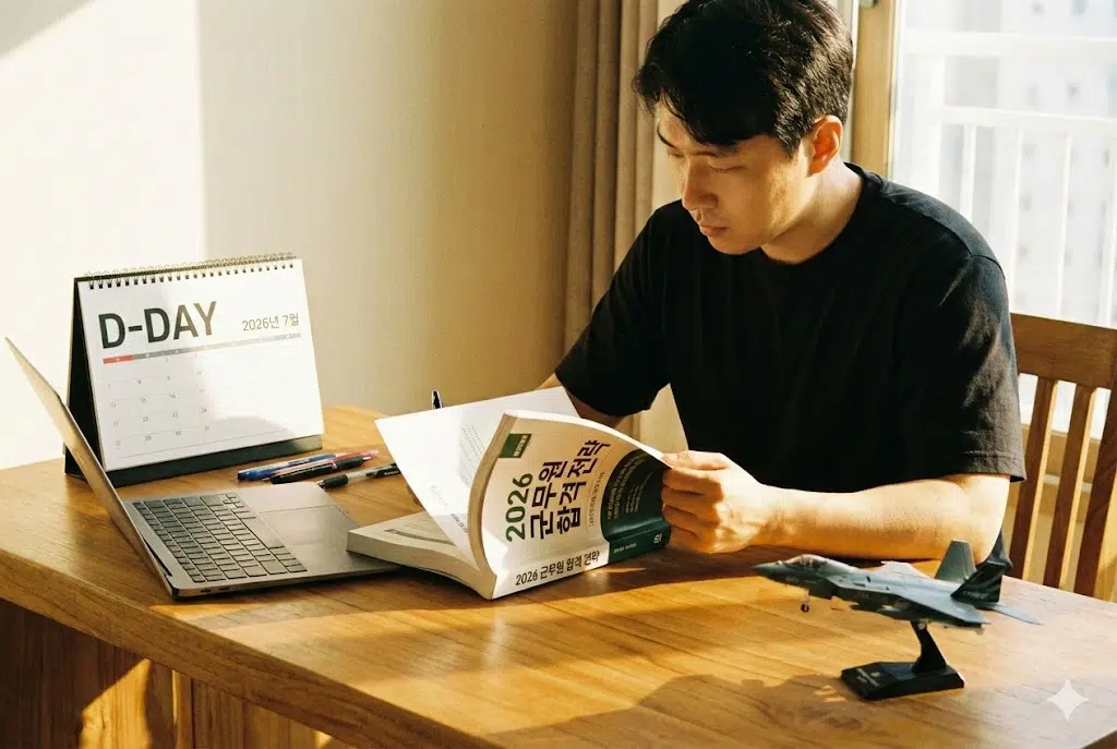 2026년 공군 군무원 시험 합격을 목표로 책상에서 수험서와 달력을 보며 공부하는 30대 남성의 모습