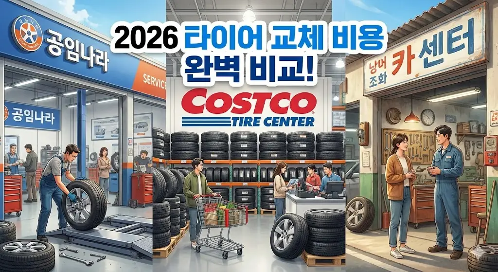 2026년 타이어 교체 공임비 비교: 공임나라, 코스트코 타이어 센터, 일반 카센터의 타이어 교체 모습 및 비용 비교 그래픽