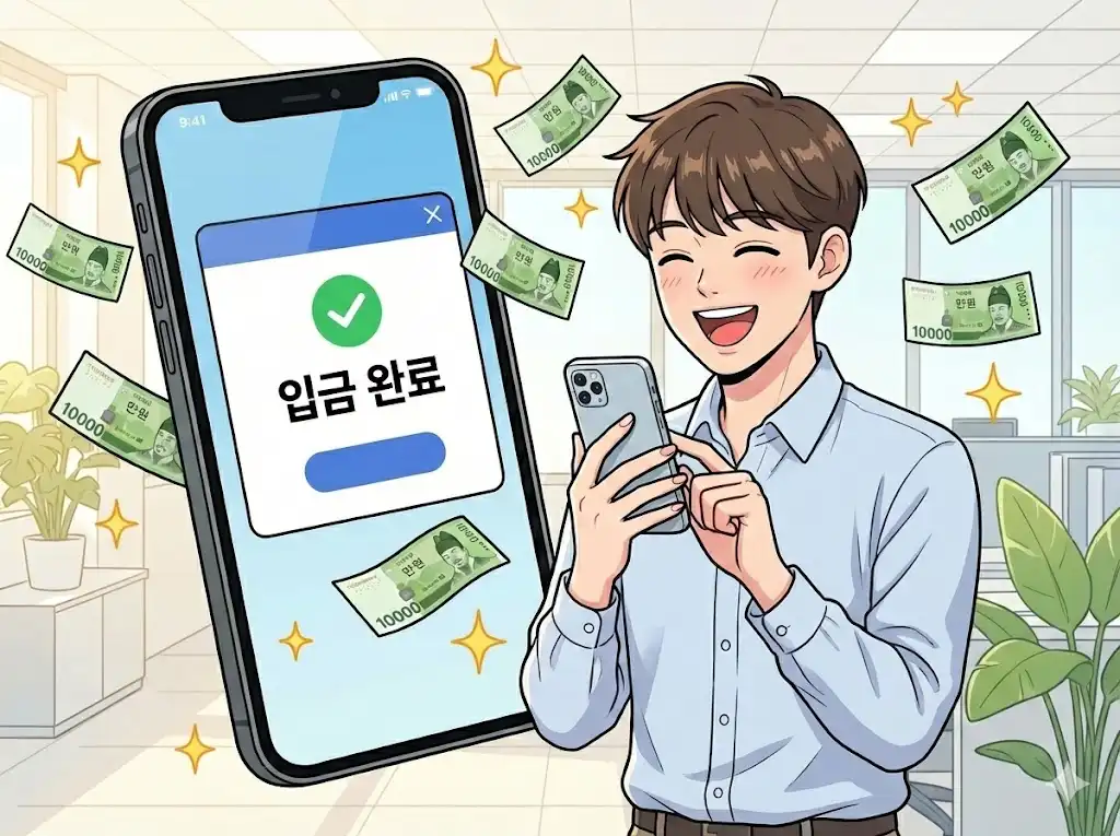 스마트폰으로 청년장기근속인센티브 입금 내역을 확인하고 기뻐하는 중소기업 직장인 캐릭터