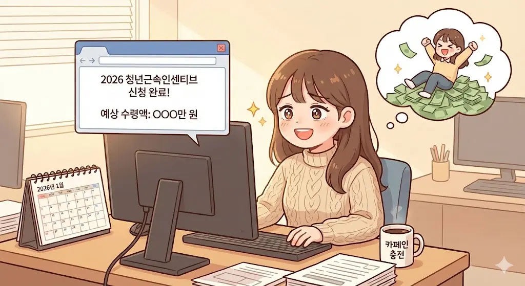 2026 청년근속인센티브를 신청하고 예상 수령액 팝업을 보며 기뻐하는 중소기업 재직 청년 웹툰 이미지