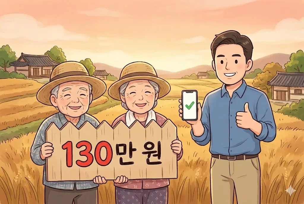 2026년 공익직불금 130만 원 인상 소식을 듣고 기뻐하는 시골 부모님과 스마트폰을 든 아들의 웹툰 캐릭터 일러스트
