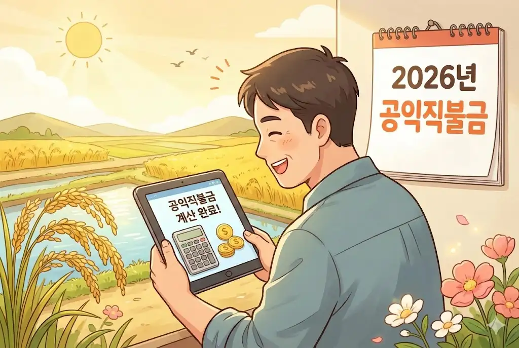 2026년 공익직불금 예상 수령액을 계산하며 기뻐하는 농업인 아들의 웹툰 이미지