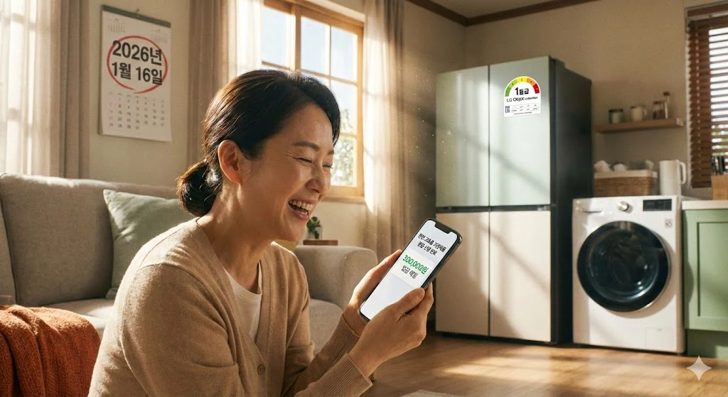 2026년 1월 16일 마감 전, 으뜸효율 가전제품 환급 신청을 성공적으로 마치고 스마트폰으로 30만 원 환급 예정 알림을 확인하며 기뻐하는 40대 주부의 모습. 뒤로 1등급 냉장고와 세탁기가 보인다.
