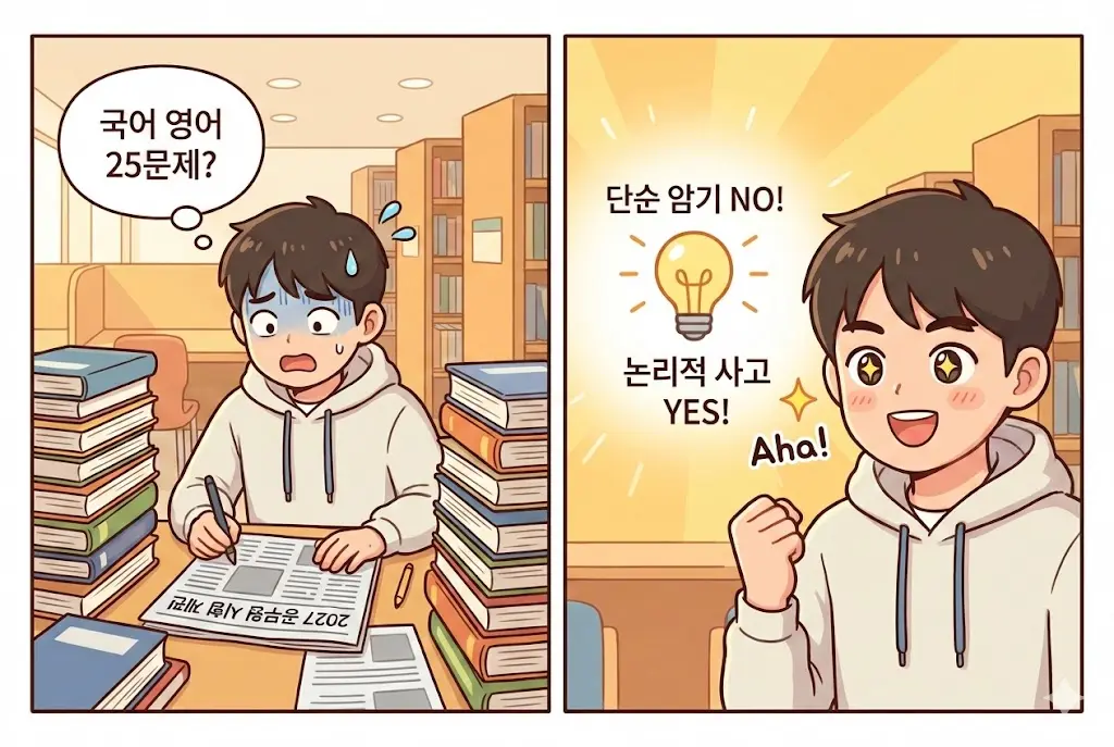 2027년 9급 공무원 시험 개편으로 국어, 영어 25문제 확정에 놀라지만 논리적 사고의 중요성을 깨닫는 수험생 일러스트