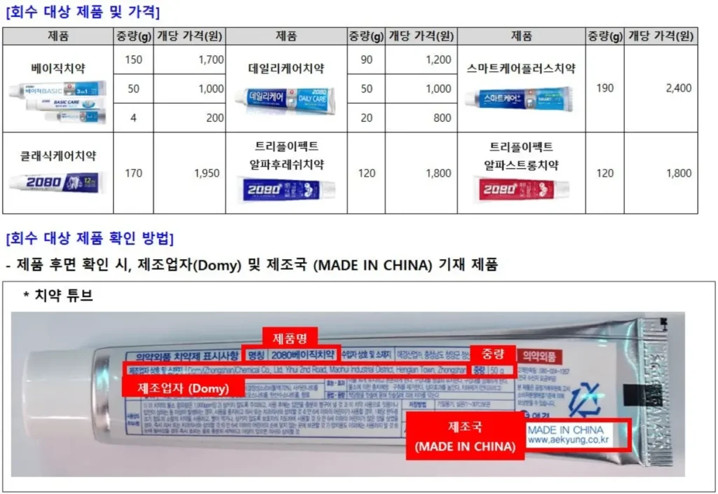 2080 리콜 신청할 치약 회수 대상 제품 확인 환불 가격 보는 중