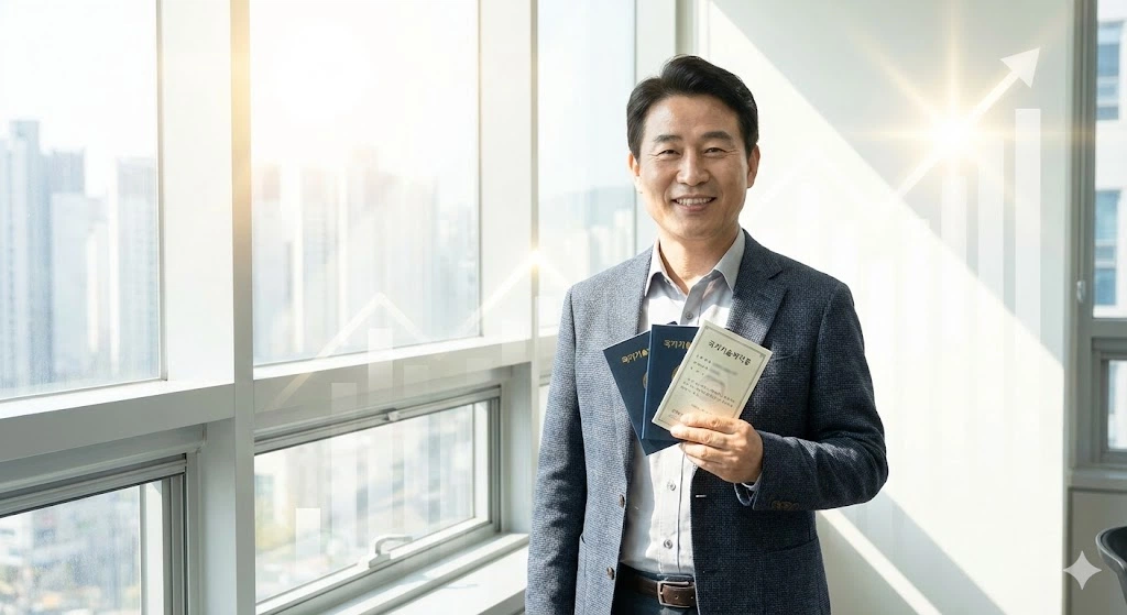 자격증 두 개를 손에 들고 환하게 웃으며 재취업 성공을 확신하는 50대 중년 남성의 모습. 국가기술자격증 취득으로 인생 2막을 준비하는 긍정적인 이미지