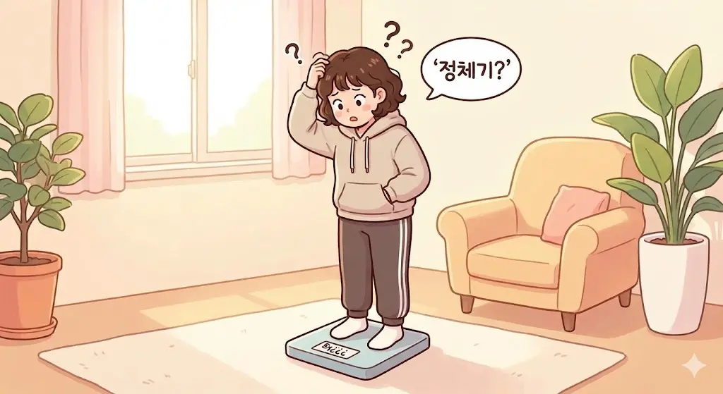 마운자로 다이어트 중 정체기를 겪고 고민하는 30대 여성의 모습