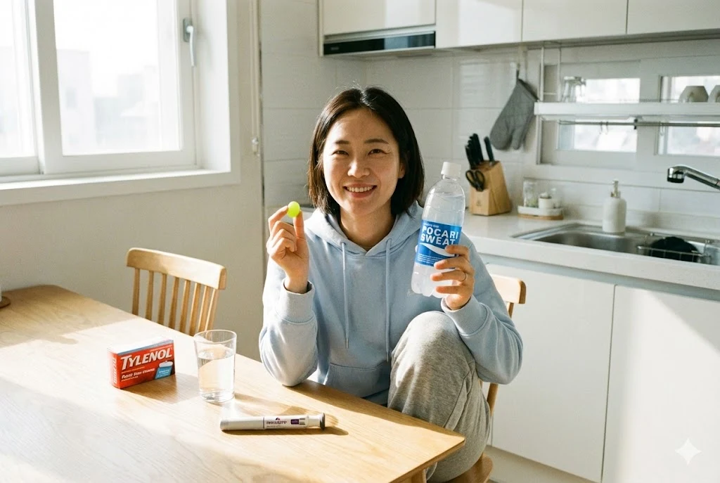 마운자로 두통 완화에 도움이 되는 이온 음료와 사탕을 들고 있는 여성