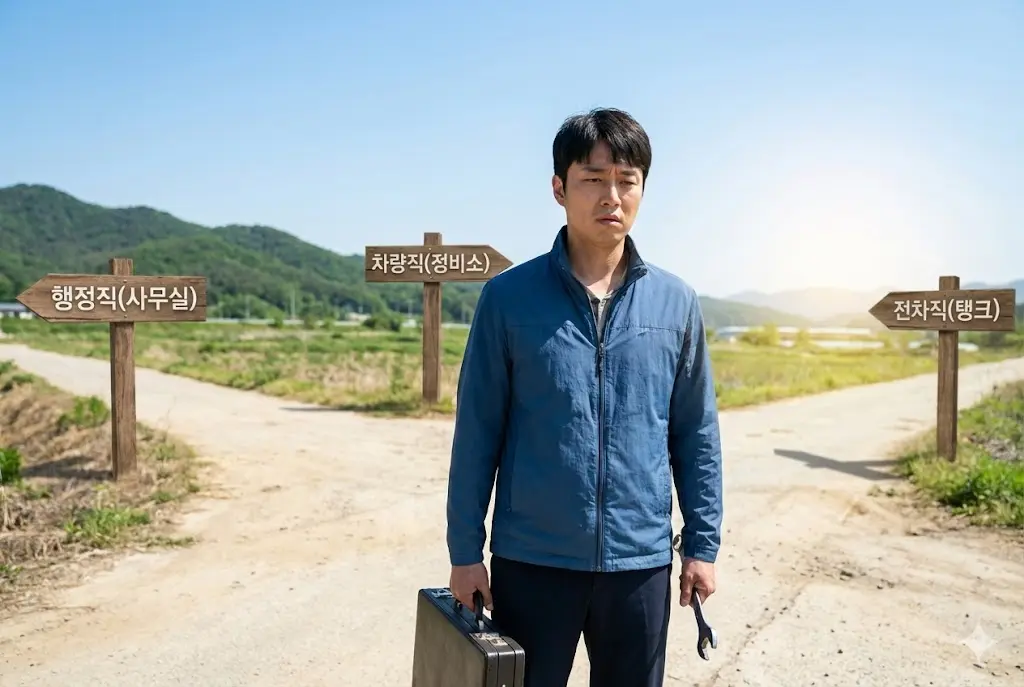 육군 군무원 행정직, 차량직, 전차직 세 가지 진로를 두고 고민하는 30대 남성 수험생의 모습