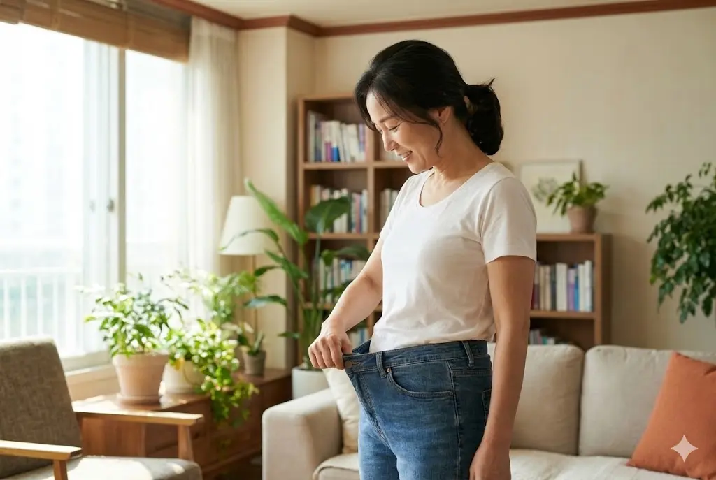중년 다이어트 성공 후 뱃살이 빠져 넉넉해진 청바지 허리 사이즈를 확인하며 기뻐하는 40대 여성