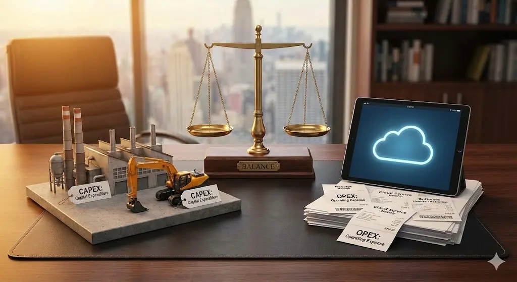 CAPEX인 공장 모형과 OPEX인 클라우드 태블릿을 저울질하는 모습