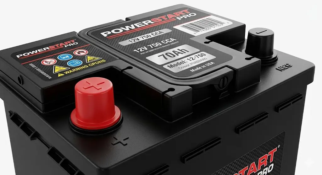 자동차 배터리 상단의 플러스 마이너스 단자와 규격 표기 라벨 클로즈업