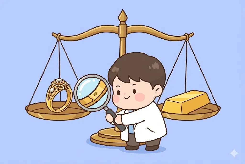 돌반지의 분석료와 골드바의 차이를 설명하는 귀여운 저울 비교 일러스트