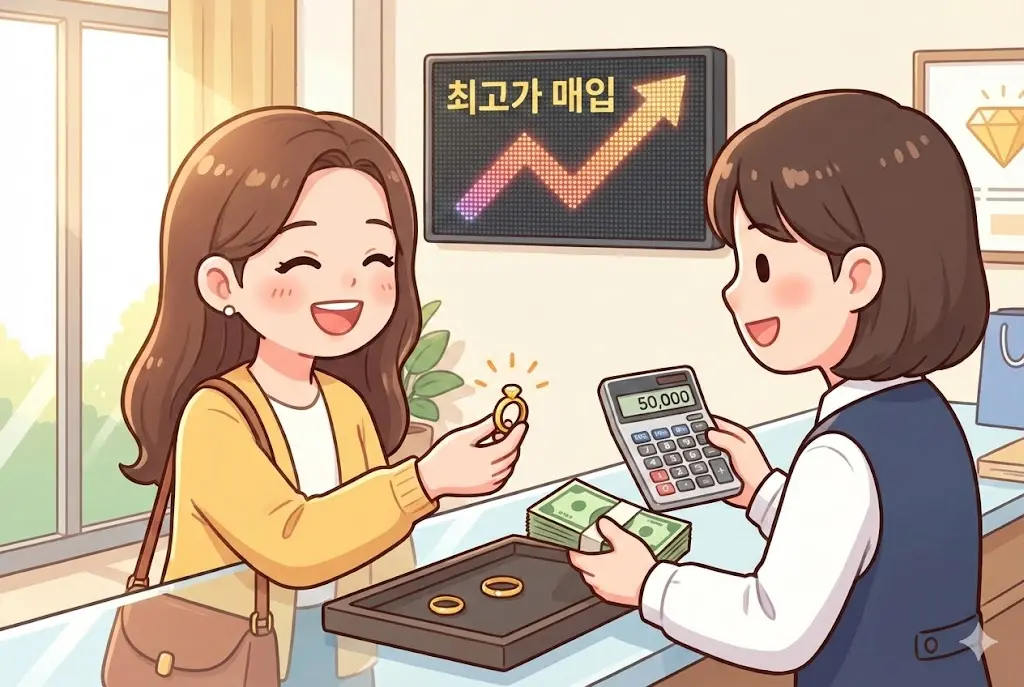 2026년 금값 최고가 시기에 세금 걱정 없이 금거래소에서 금반지를 비싸게 팔고 기뻐하는 여성의 웹툰 이미지