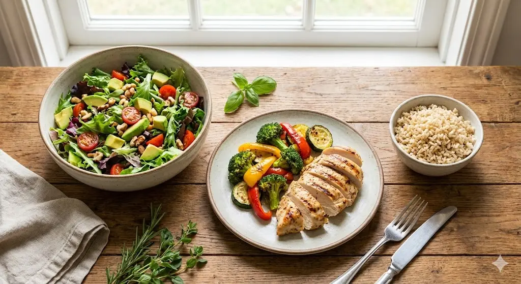 혈당 스파이크를 방지하기 위한 채소, 단백질, 탄수화물 순서의 건강한 다이어트 식단