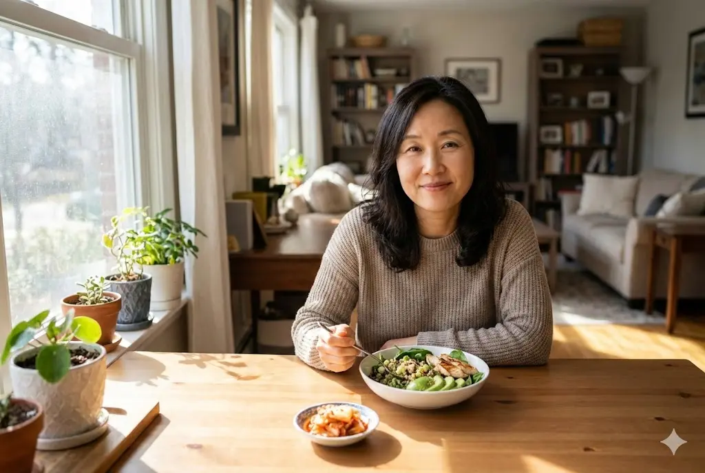 40대 여성이 밝은 표정으로 굶지 않는 건강한 다이어트 식단을 즐기는 모습