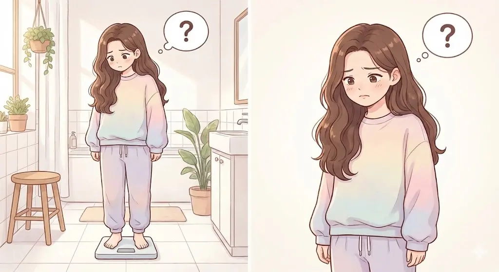체중계 위에서 마운자로 효과가 없어 고민하는 30대 여성 일러스트