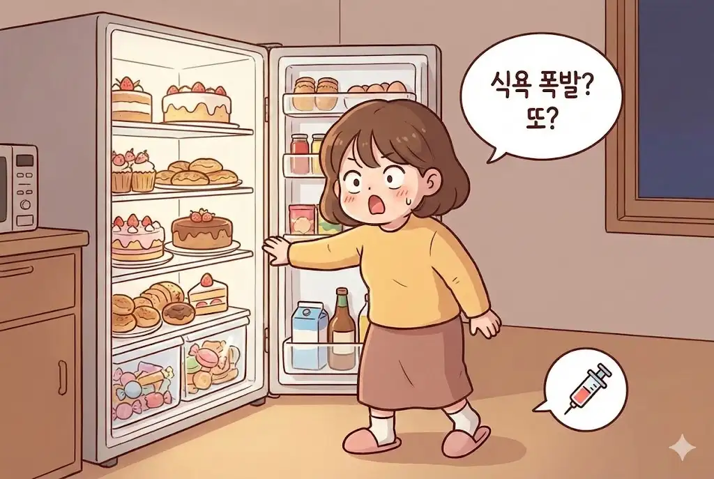 마운자로 주사 후 식욕 증가로 냉장고 앞에서 당황하는 30대 여성 웹툰 이미지