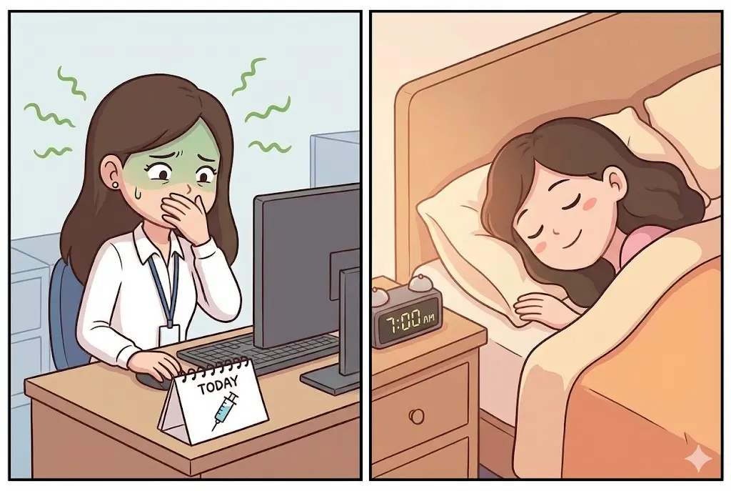 마운자로 주사 후 울렁거림으로 힘든 직장인과 취침 전 주사로 상쾌한 아침을 맞이하는 30대 여성 비교 그림 이미지