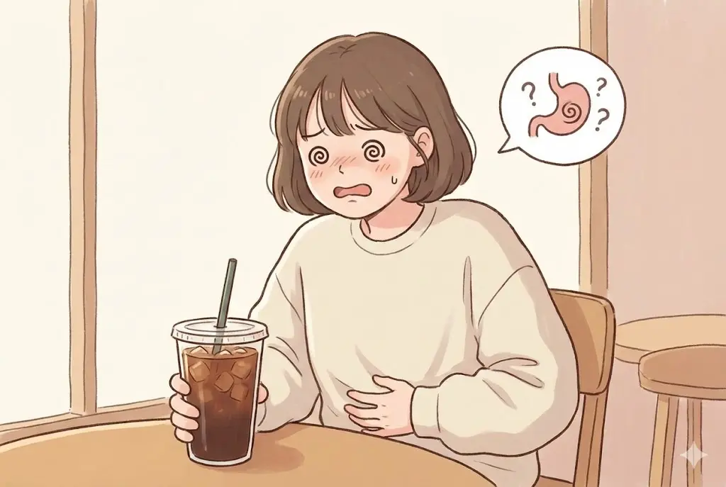 마운자로 주사 후 커피를 마시고 속이 울렁거려 배를 잡고 있는 20대 여성 일러스트