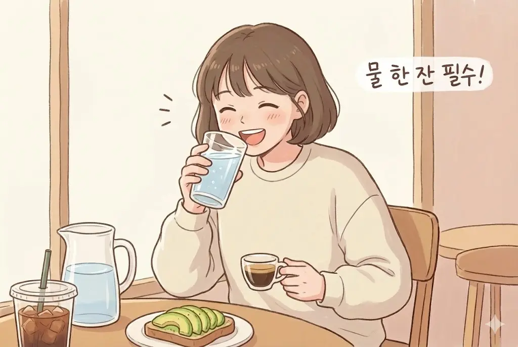 마운자로 다이어트 중 커피와 함께 물을 마시는 습관을 만드는 20대 여성